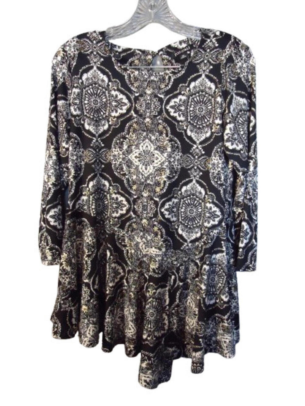 Roz & Ali Boho Tunic Blouse Asymmetrical Hem Size XS Black Gold Paisley Print